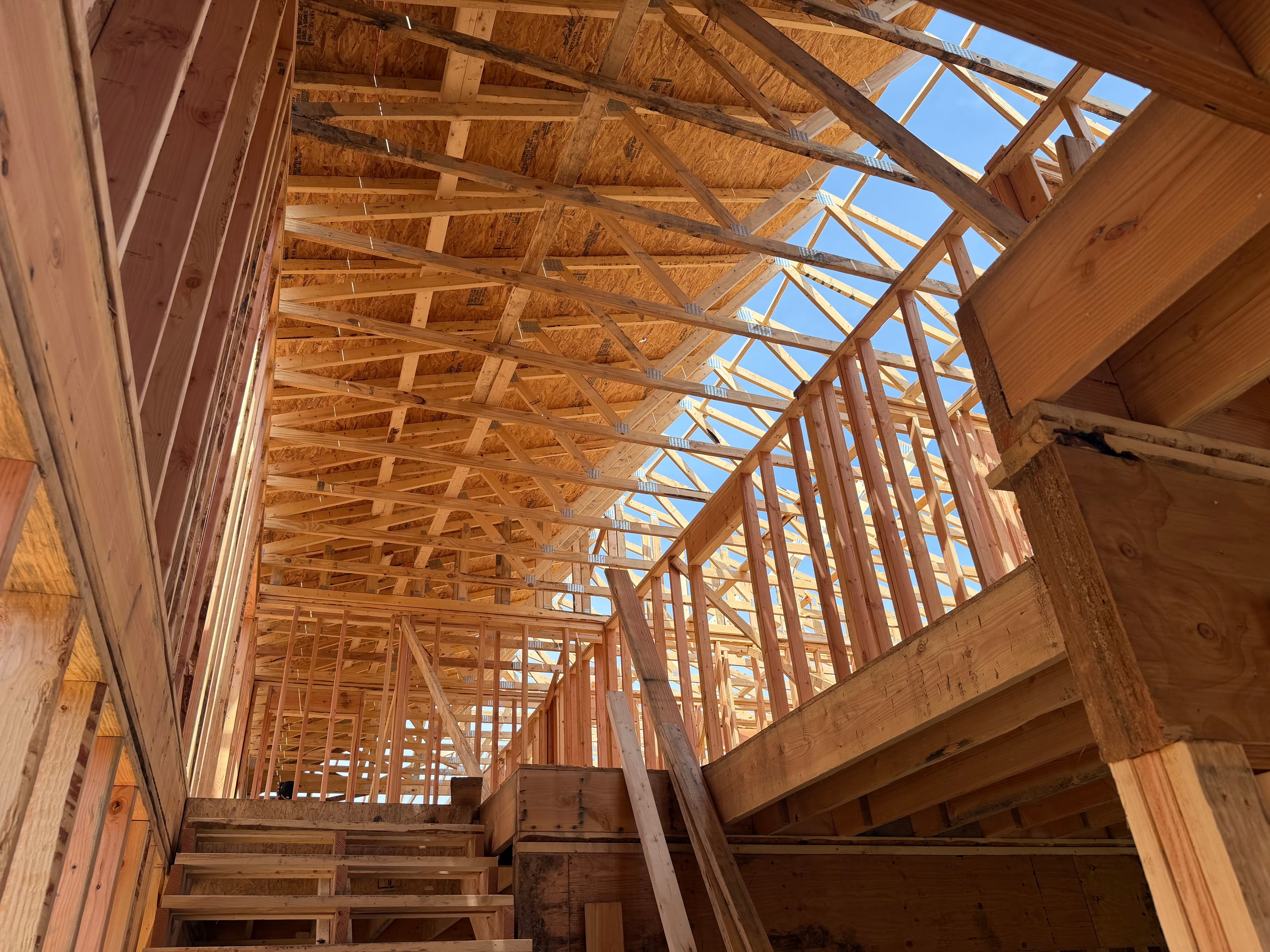 Looking up the stairwell from inside the framed structure — roof trusses spanning overhead with blue sky visible through the open sheathing, stair framing in the foreground, warm golden light on the fresh lumber